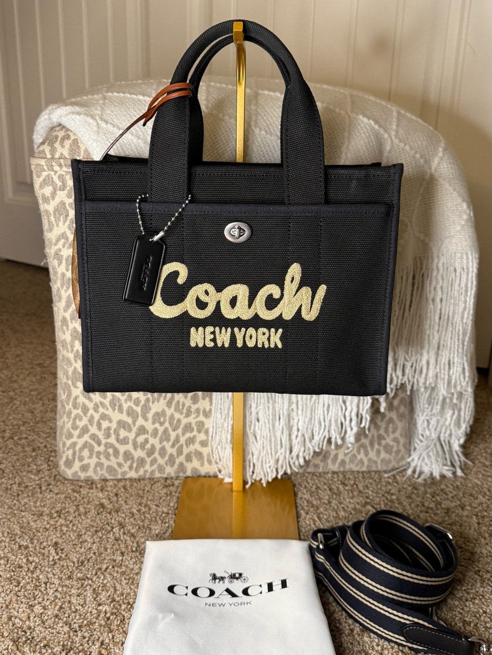 Coach Black Canvas Tote Bag 26 with Coach Puffy Bag Charm
